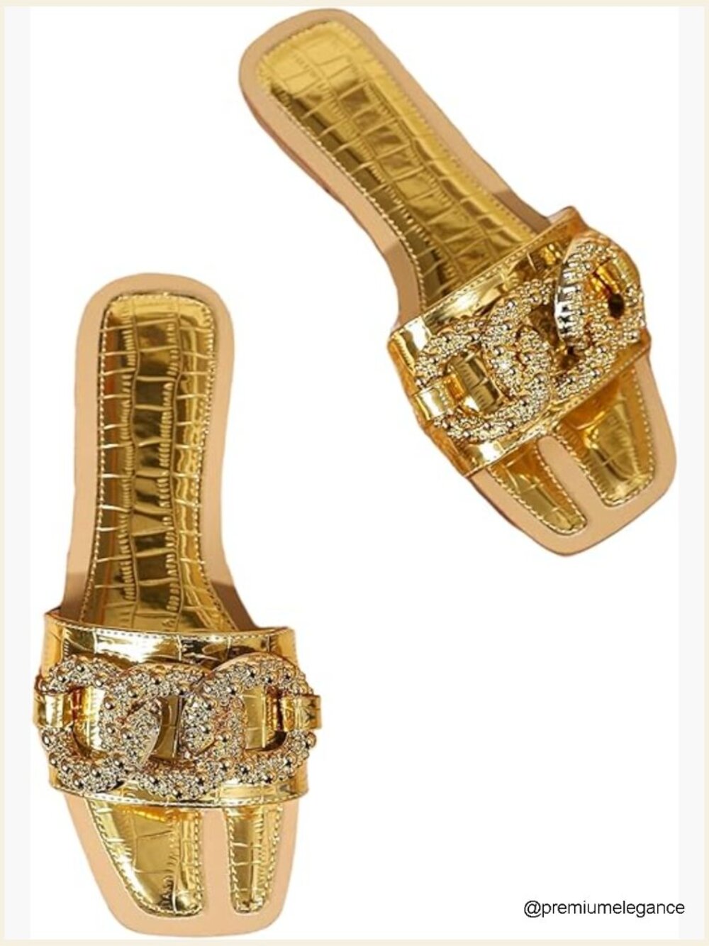 Rhinestone Chain Flat Sandals Square Open Toe Slip On Summer Bridal